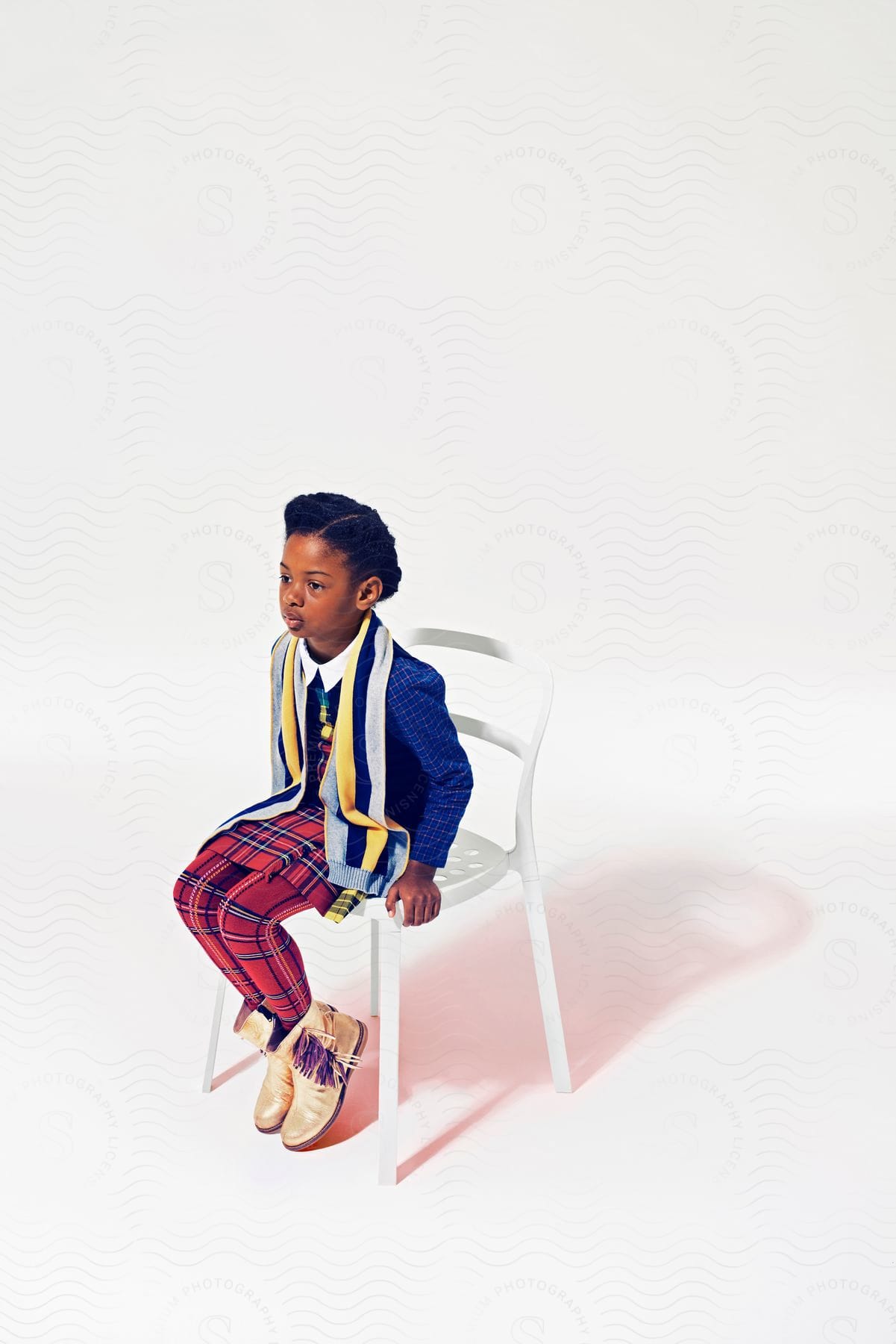 A young black female child sitting on a chair wearing a uniform and a boat