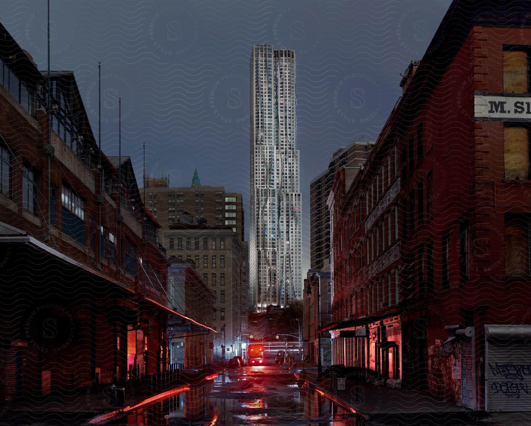 Exterior of a building in the financial district of manhattan new york city at night