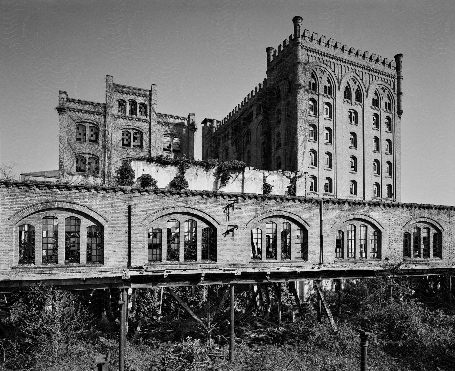 An old residential building is seen with another horizontal building before it