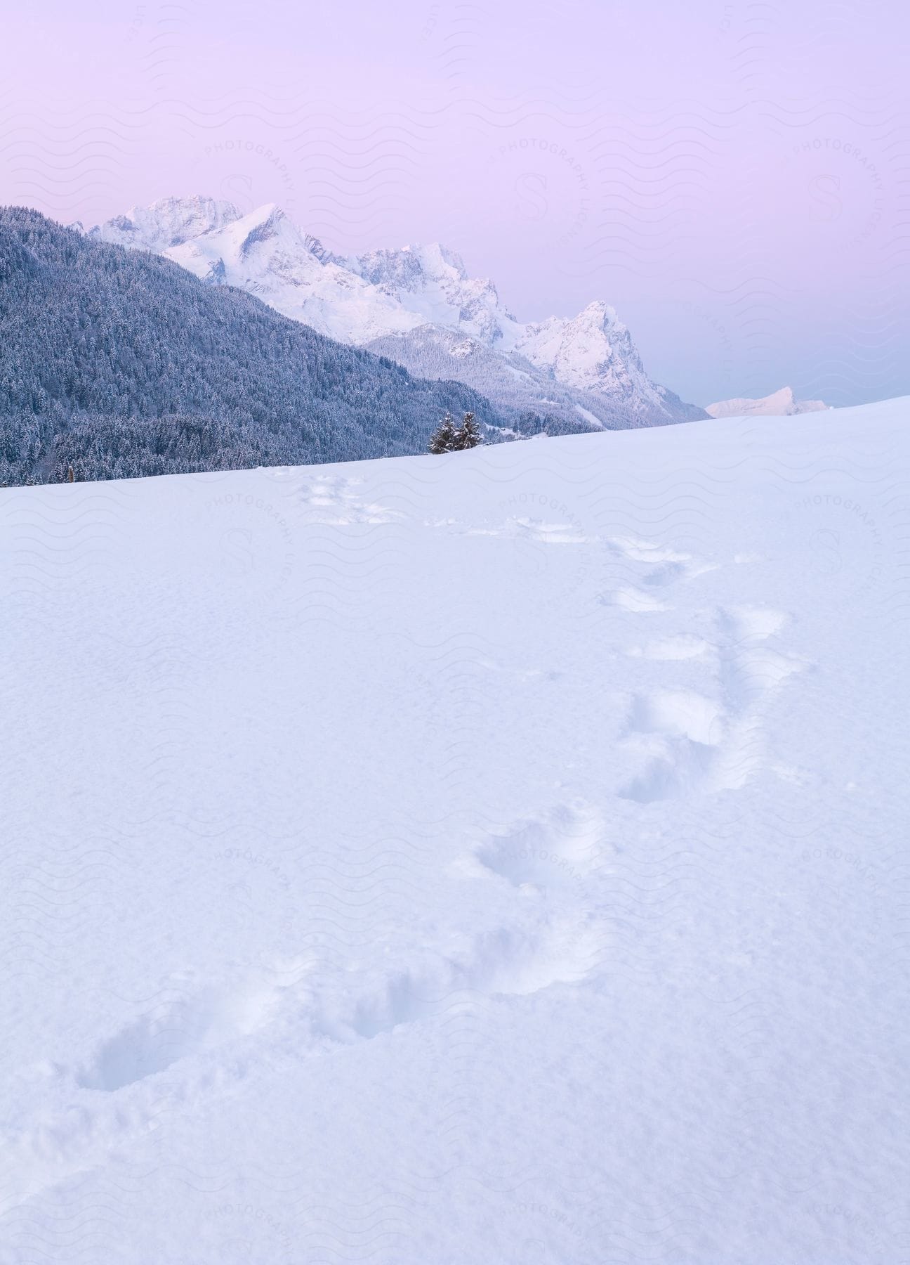 Two people walking across a snowy plain with a mountain range in the background leaving behind footprints in the snow