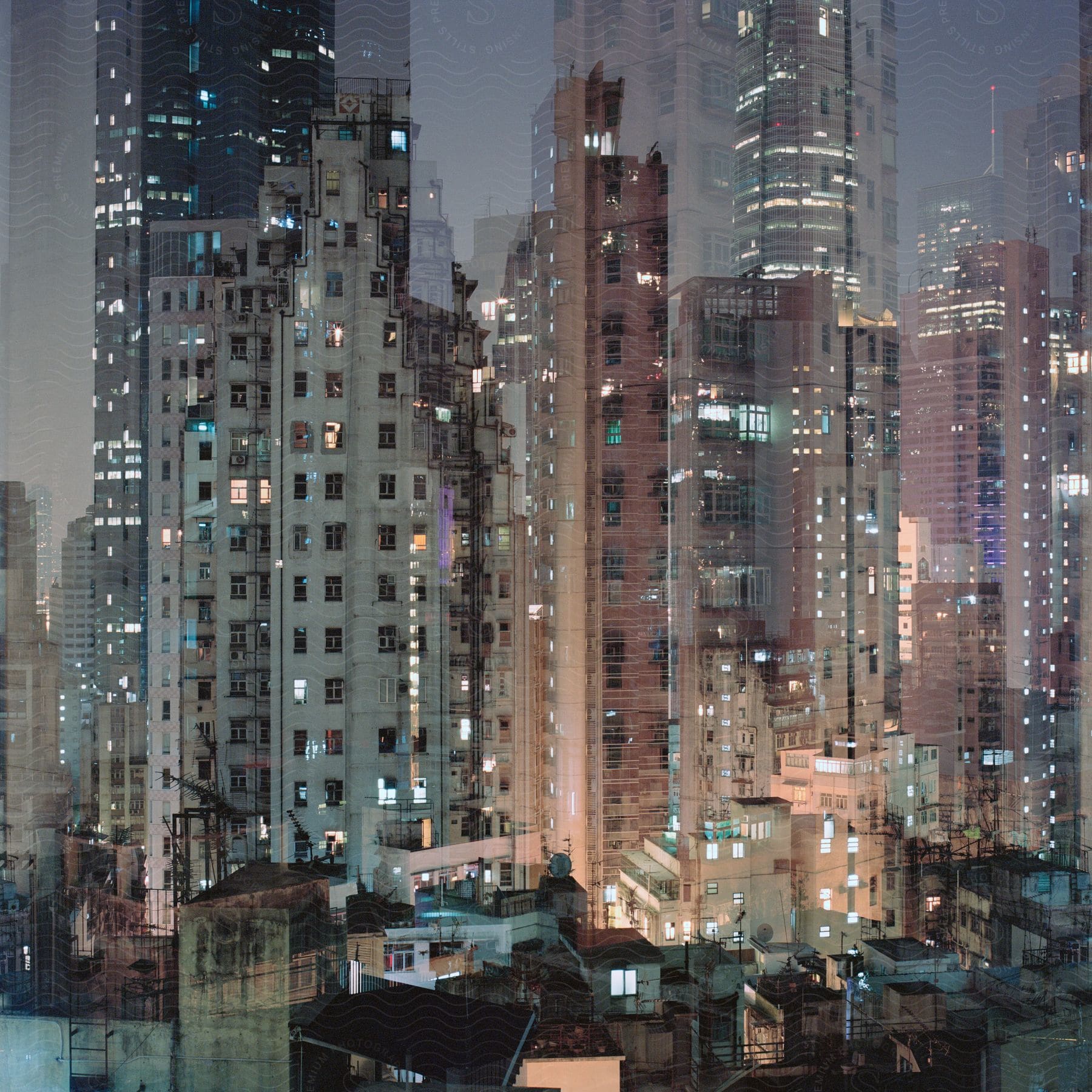 Looking out the window to a city with skyscrapers at night