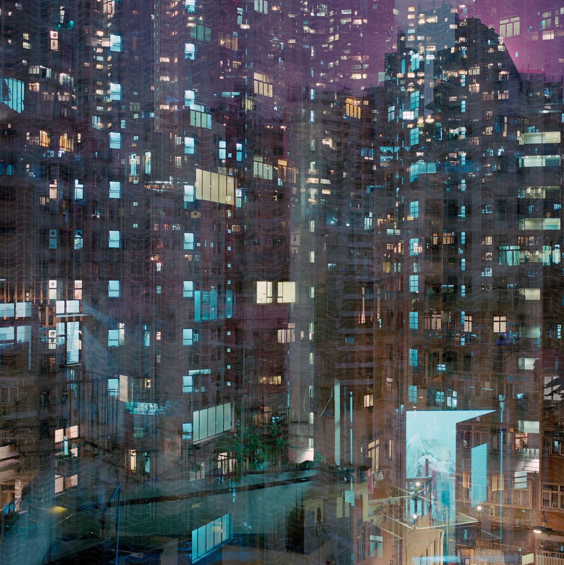 Multiple exposures of urban skyscrapers at night time