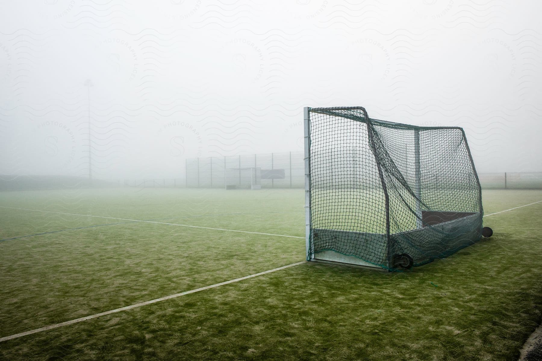 An empty soccer field covered in fog with a cloudy sky grass and a fence