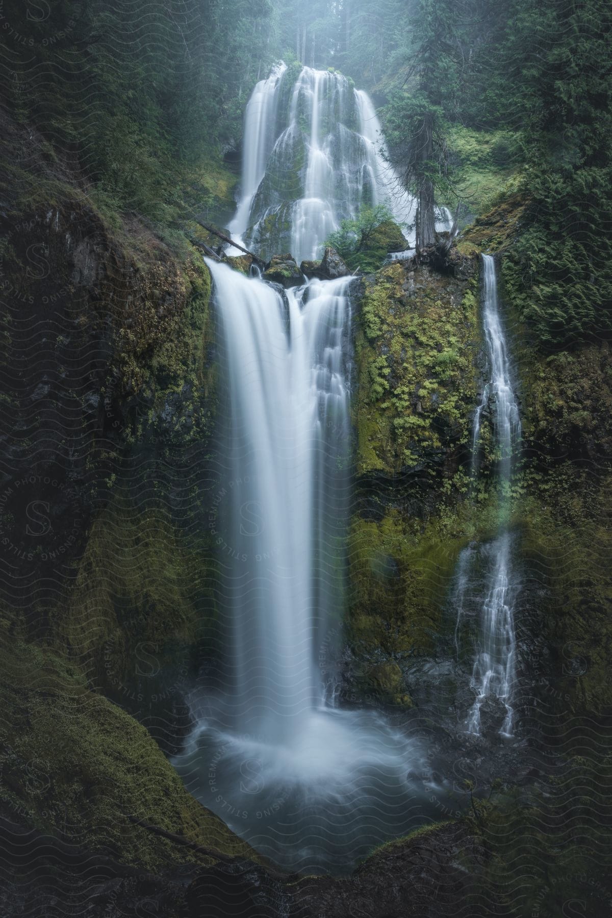 Waterfalls cascade down a mountain cliff surrounded by plants and vegetation