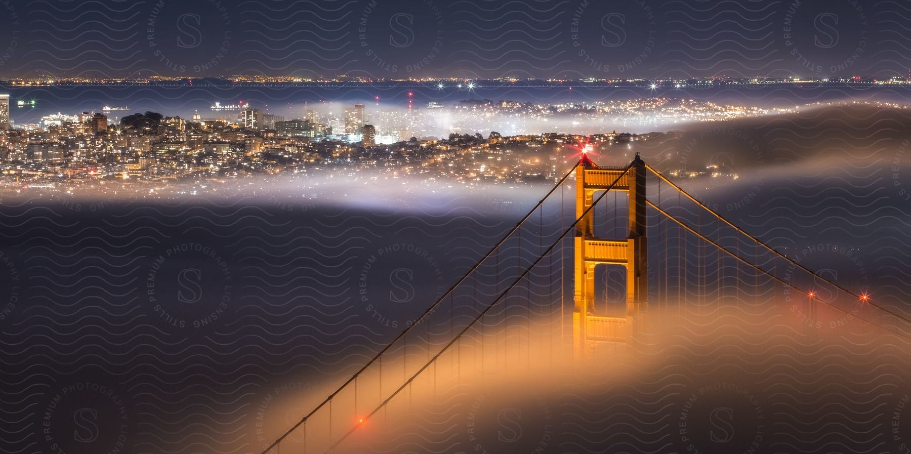 San francisco skyline at dusk with foggy weather