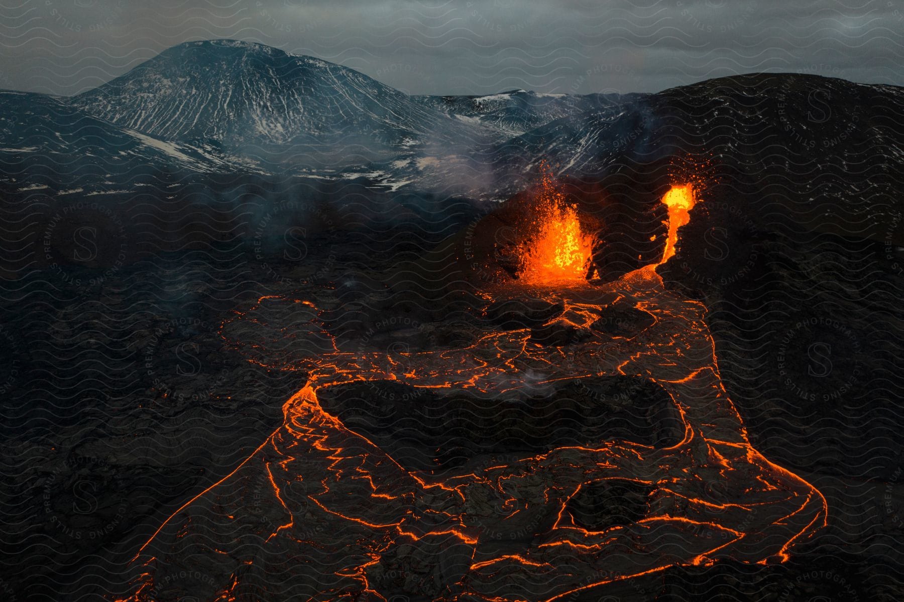 Aerial perspective of a mountain landscape with volcanoes