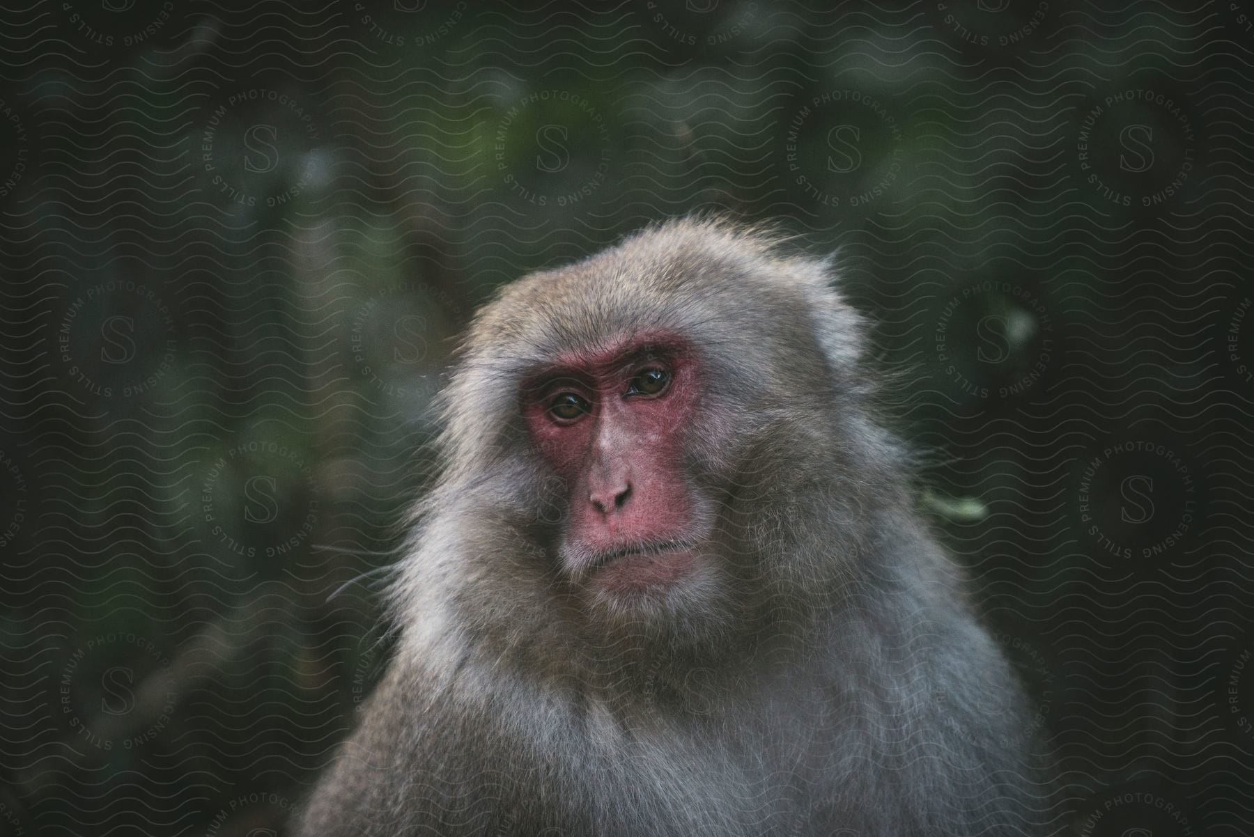 A grey monkey with a red face in an outdoor setting during the day