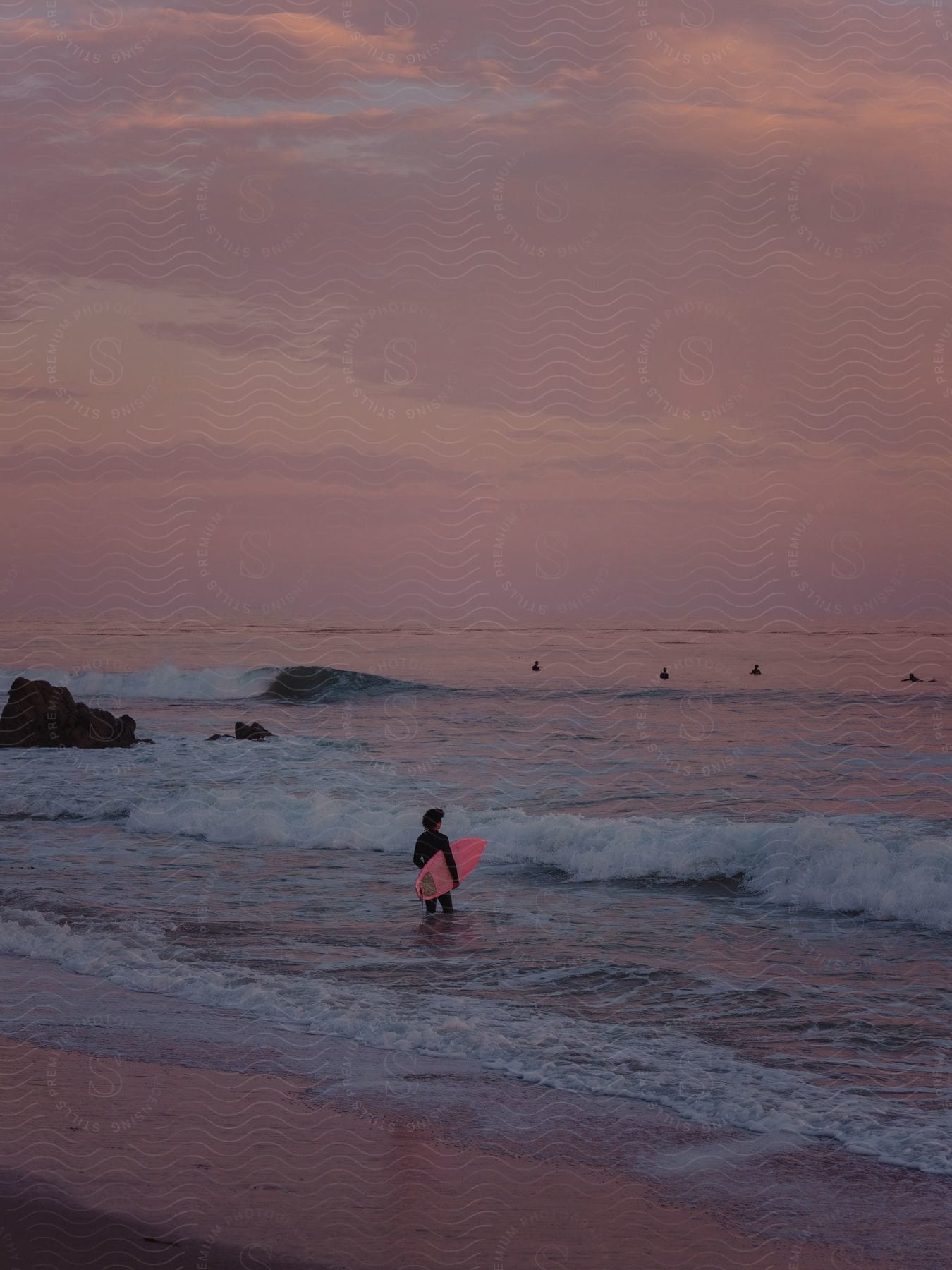 A person carrying a pink surfboard walks into the sea with other people paddling in the background