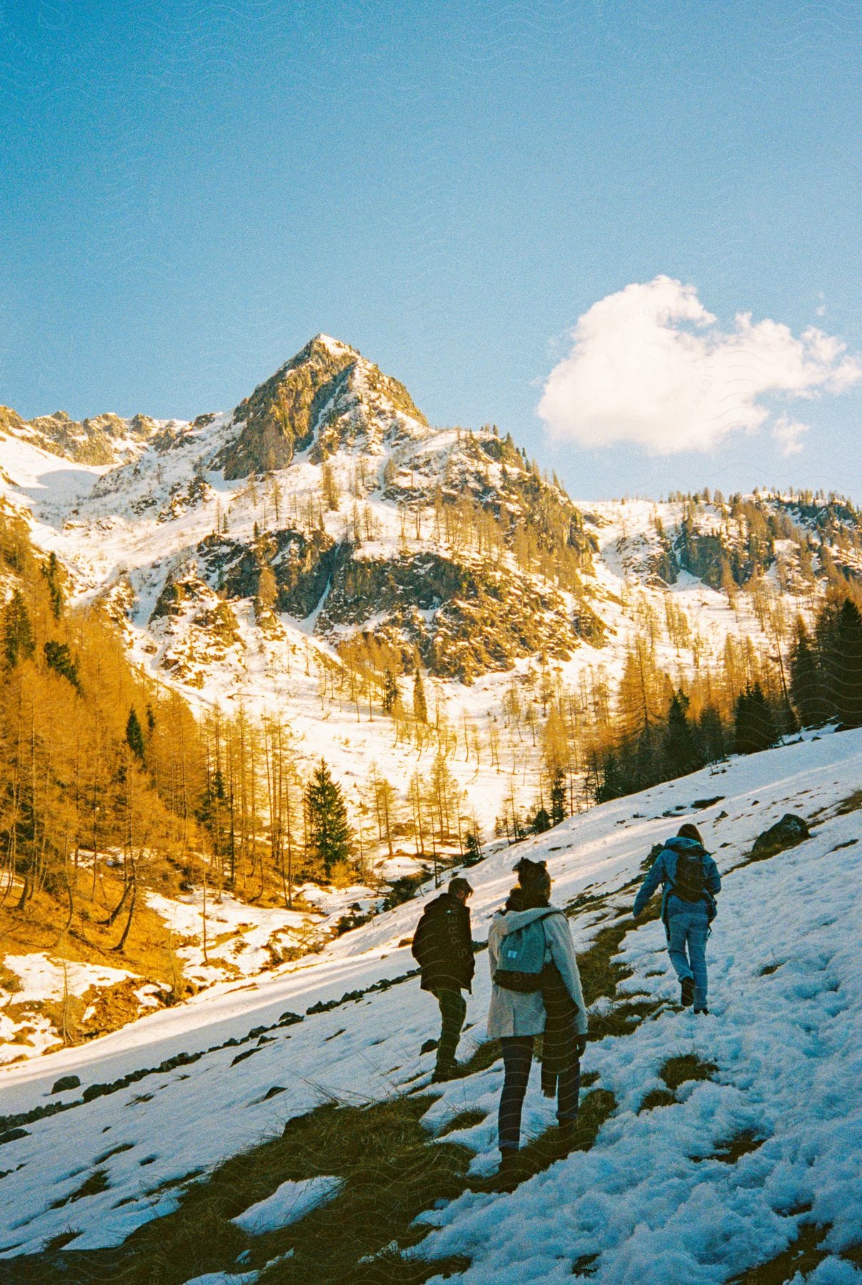 Three friends hike up a snowcovered mountain