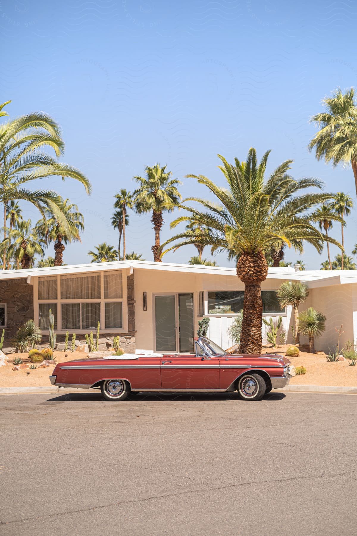 A classic vehicle parked near a home and palm trees on a sunny day in palm springs california