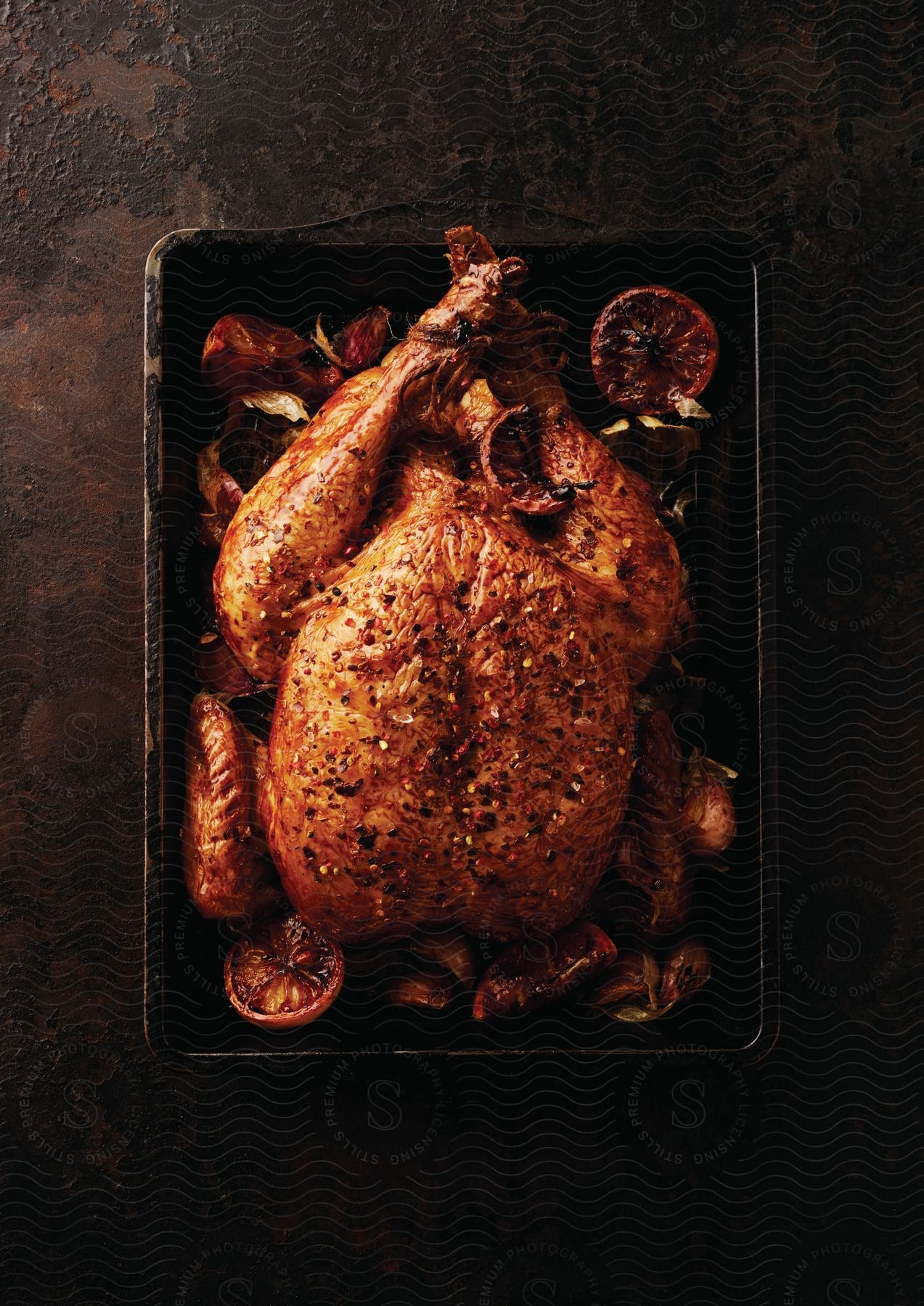 Poultry being prepared with roasted vegetables in a pan