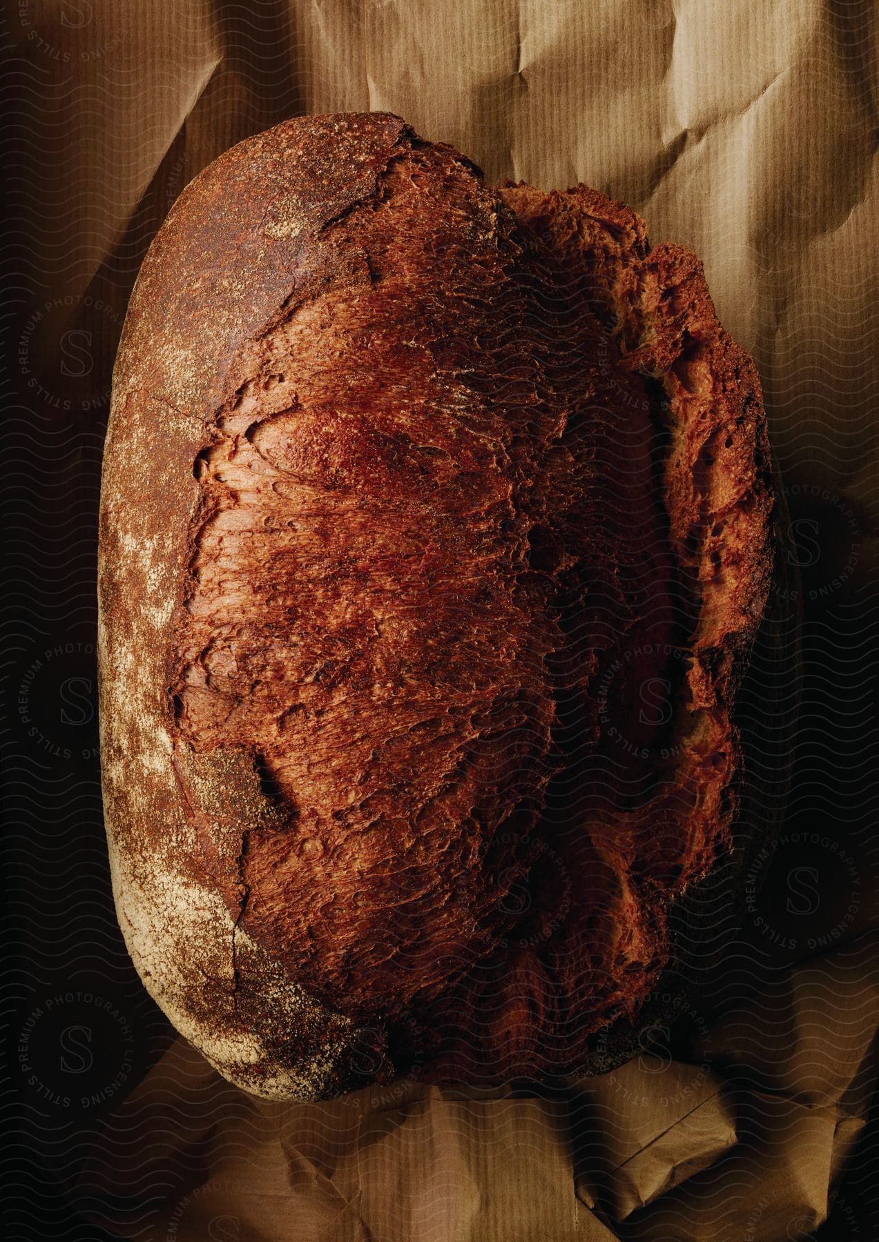 A loaf of baked bread on brown paper