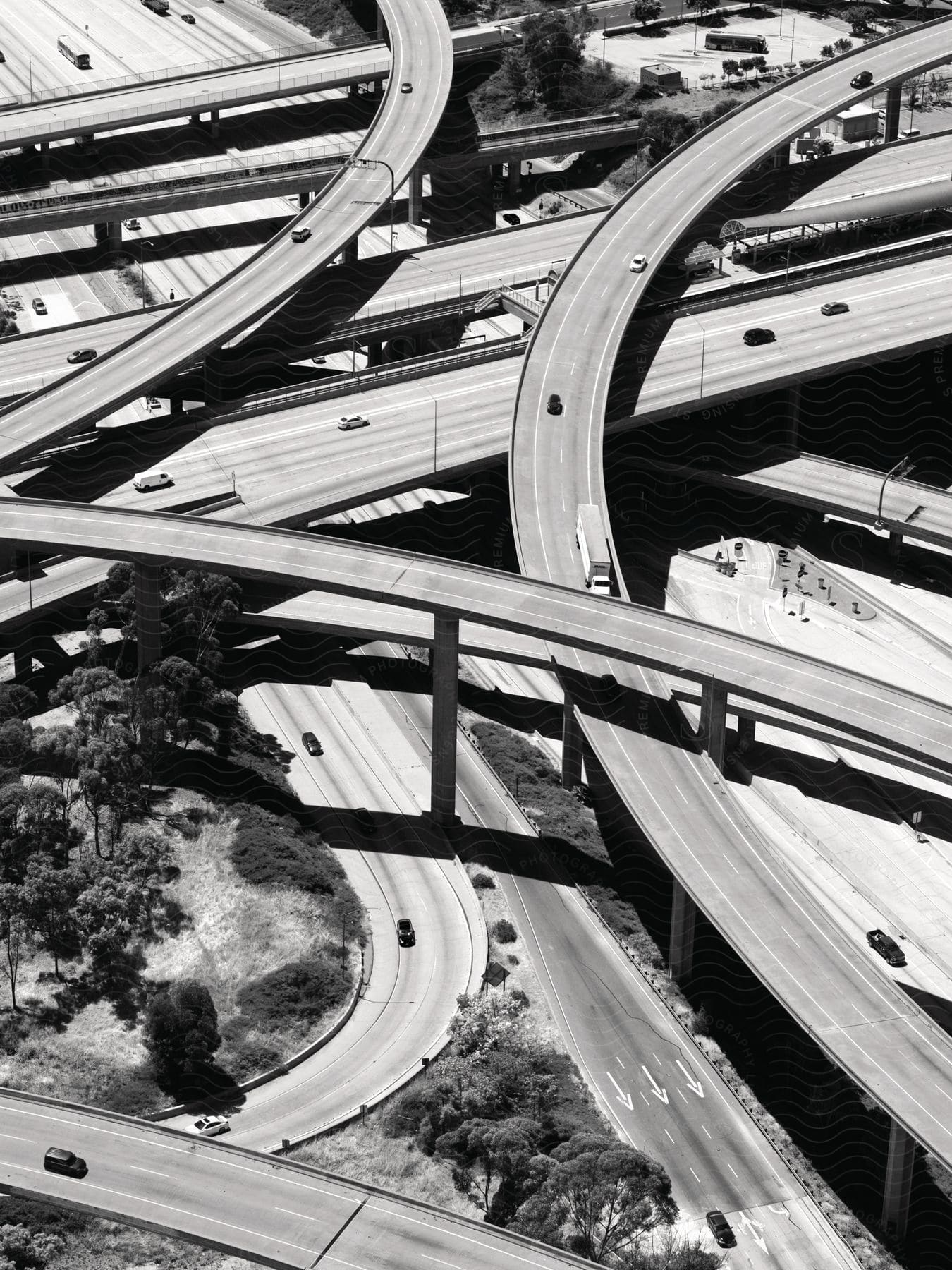 Overpasses intersect above a road