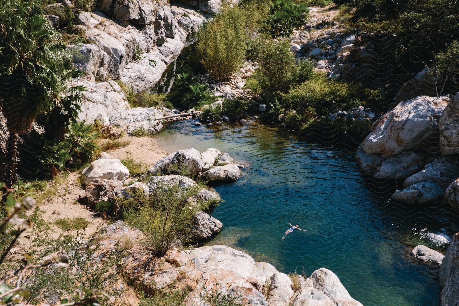 A person peacefully floats in a calm pond surrounded by rocks and trees