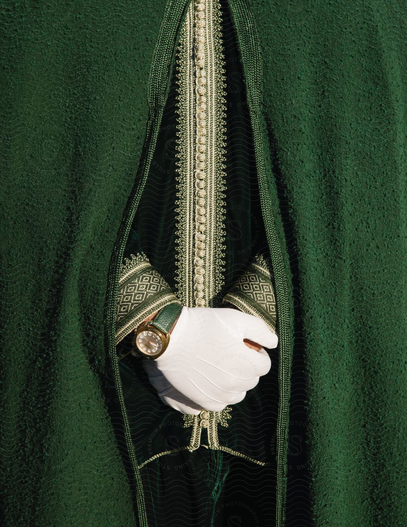 A person wearing a green cape and green clothes is showing only their torso with their hands crossed in front of them