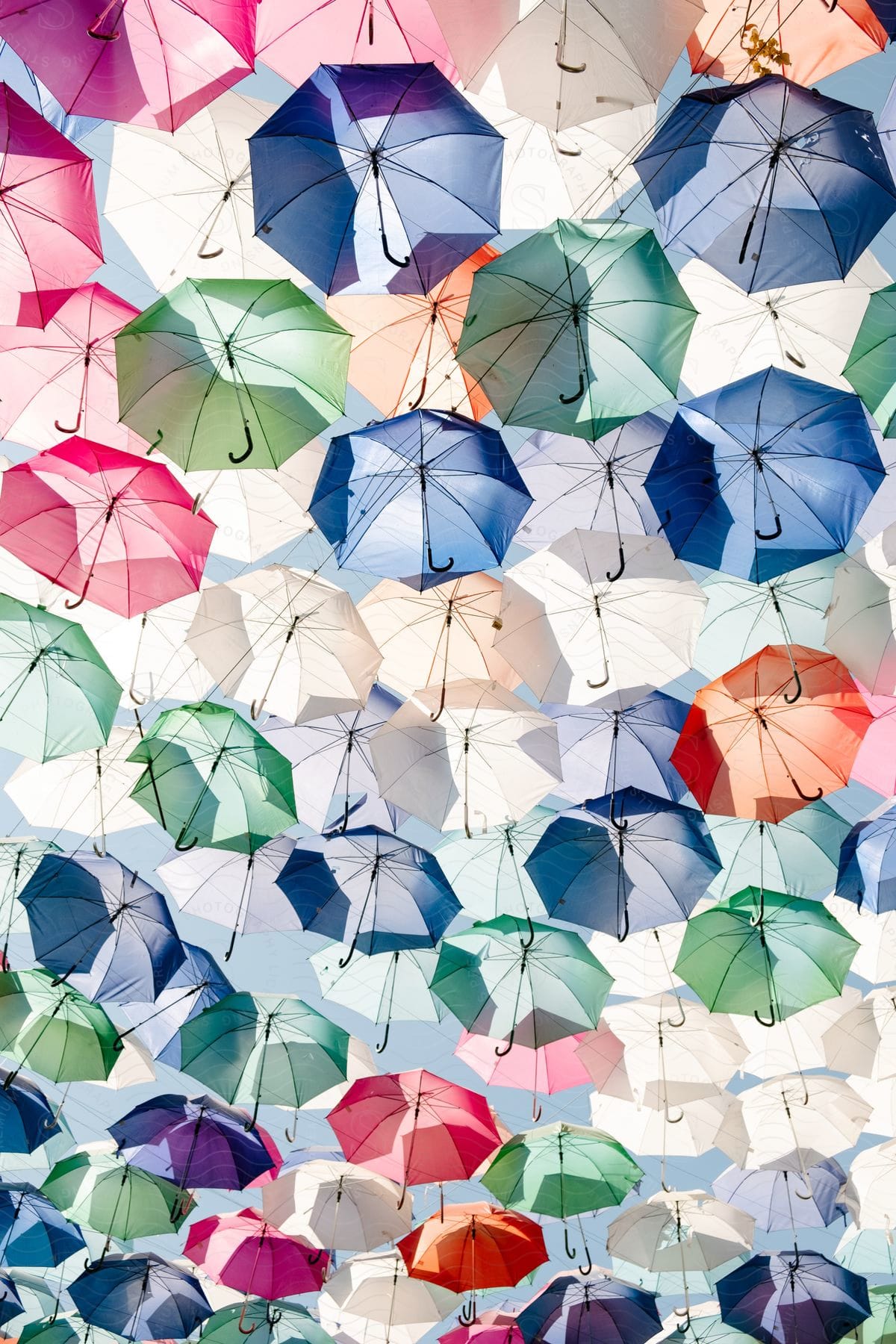 Colorful umbrellas suspended in the air