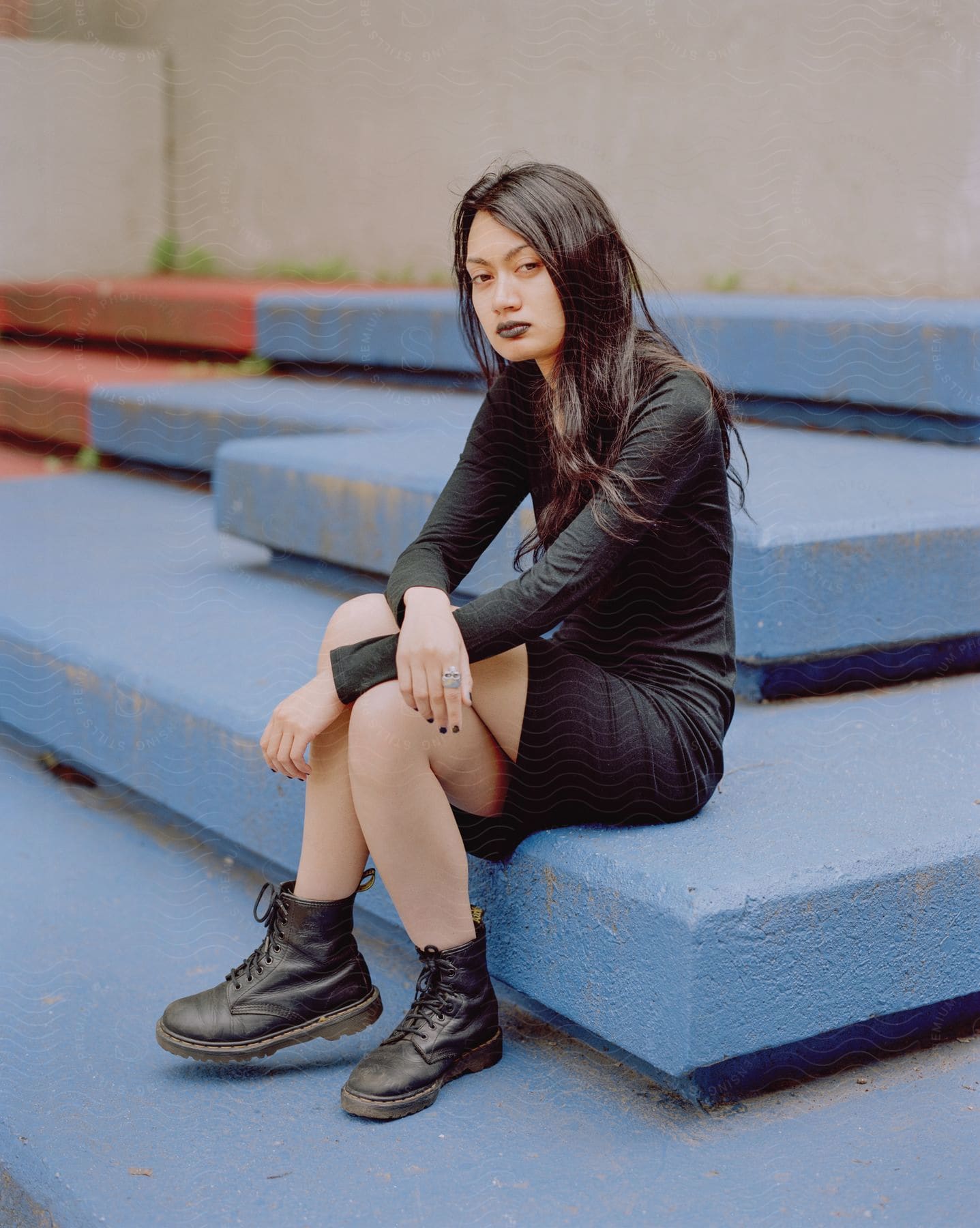 A woman with long brown hair wearing a black dress and black boots sits on blue stairs looking at the camera