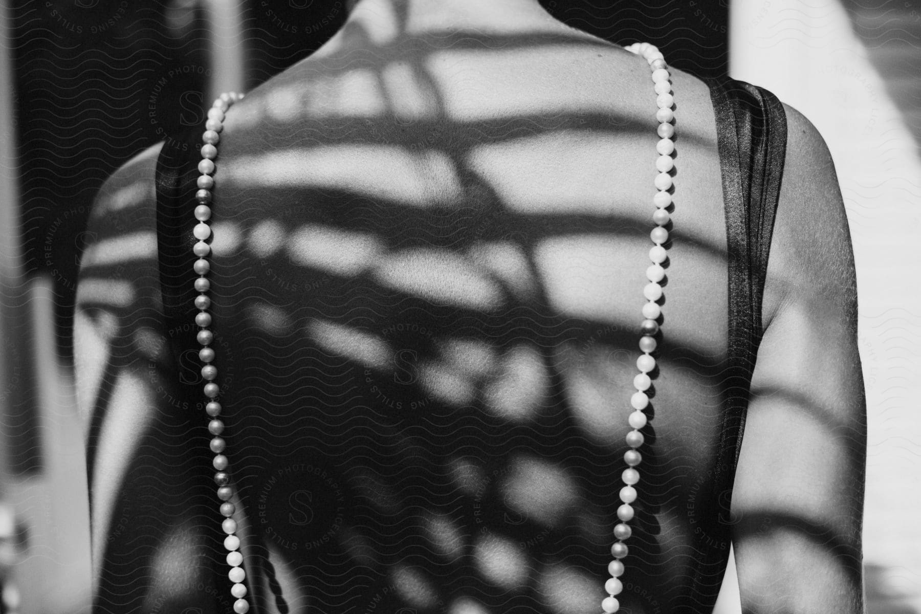 A womans back wearing a backless dress and a necklace reaching her waist