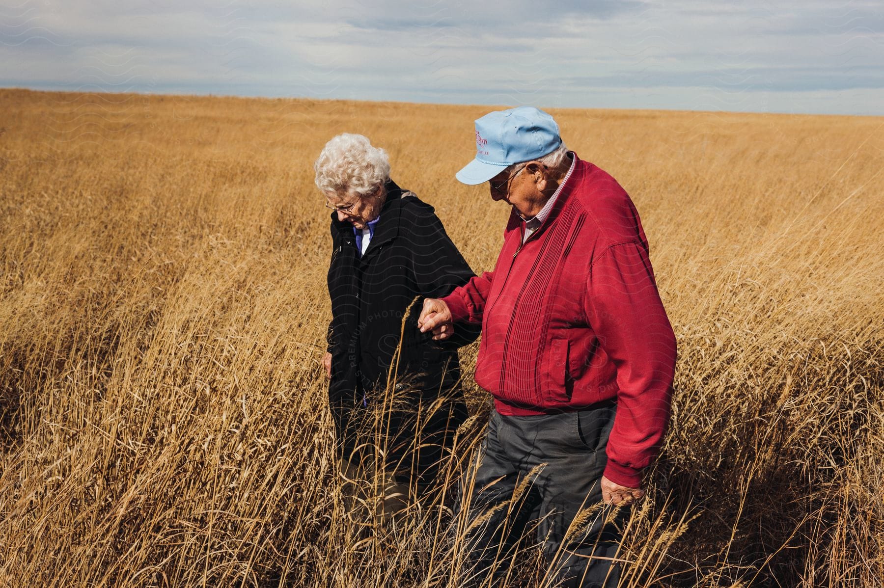 Two adults standing in a grassy field holding hands with a happy expression