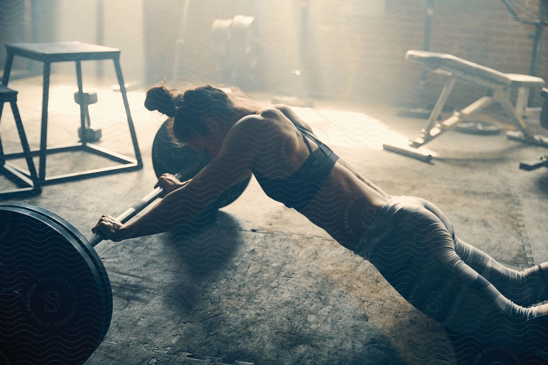 A woman exercising with a barbell