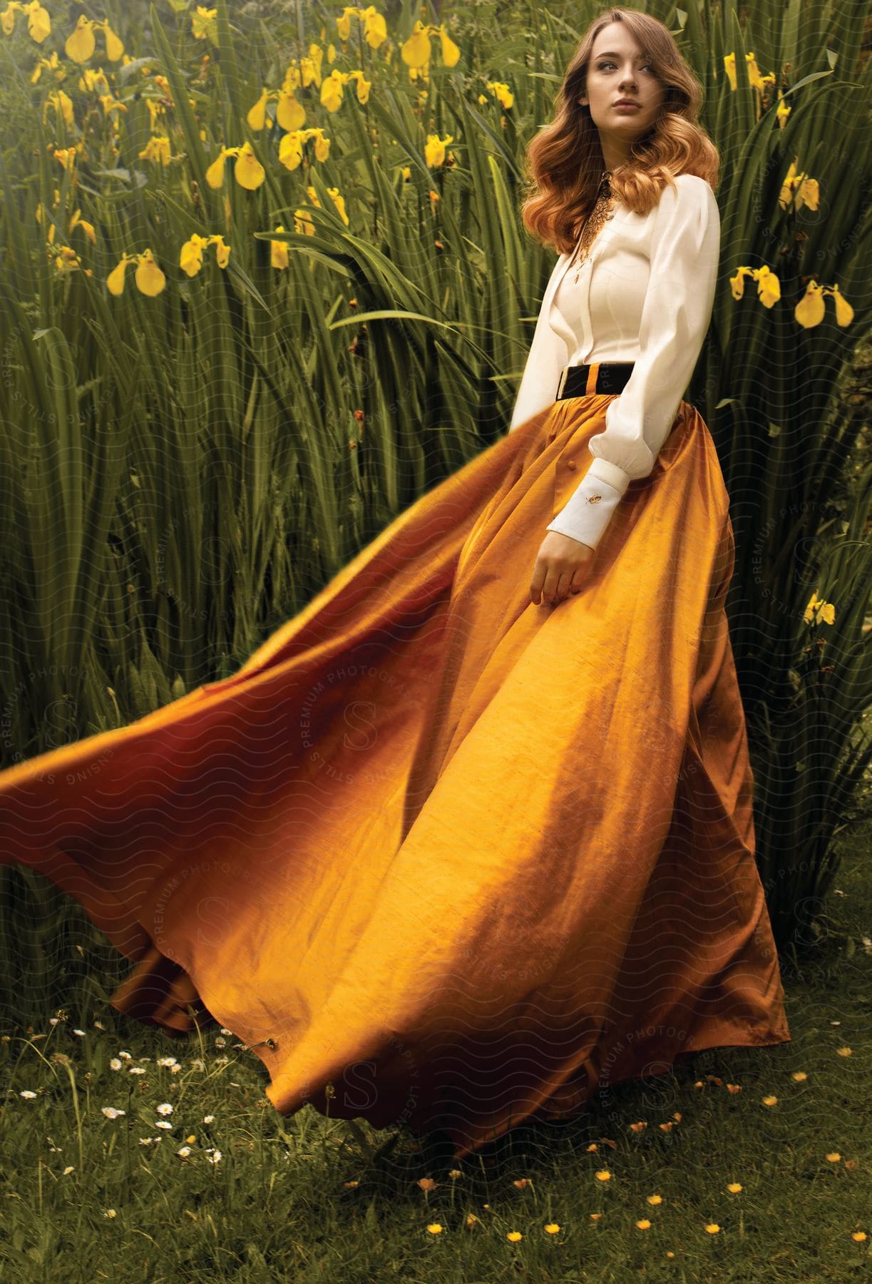 A woman wearing a yellow oversized dress poses in a field of yellow flowers