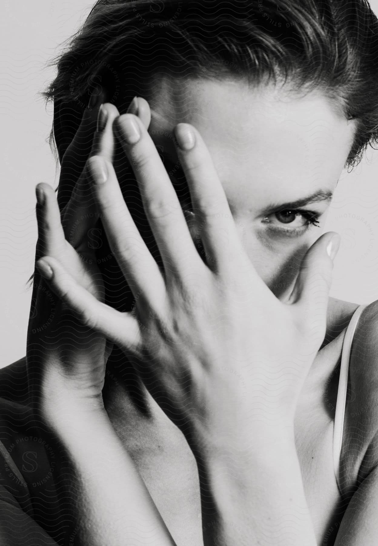 A young woman with her hands partially covering her face