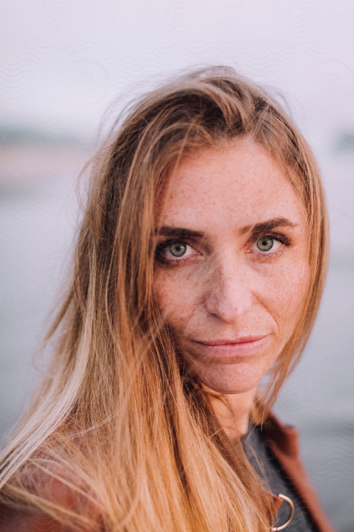 A woman with red hair green eyes freckles and a gentle smile