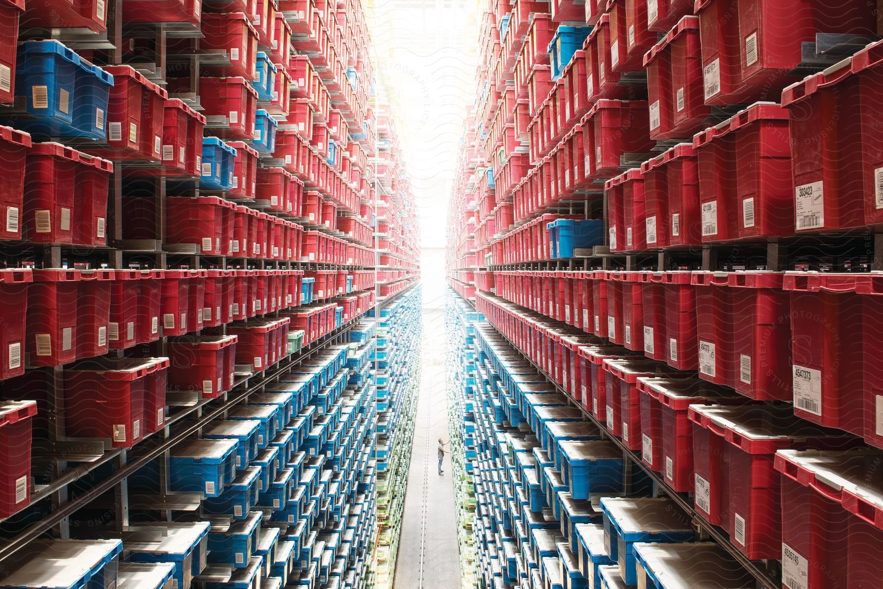 Plastic boxes line the shelves of a warehouse