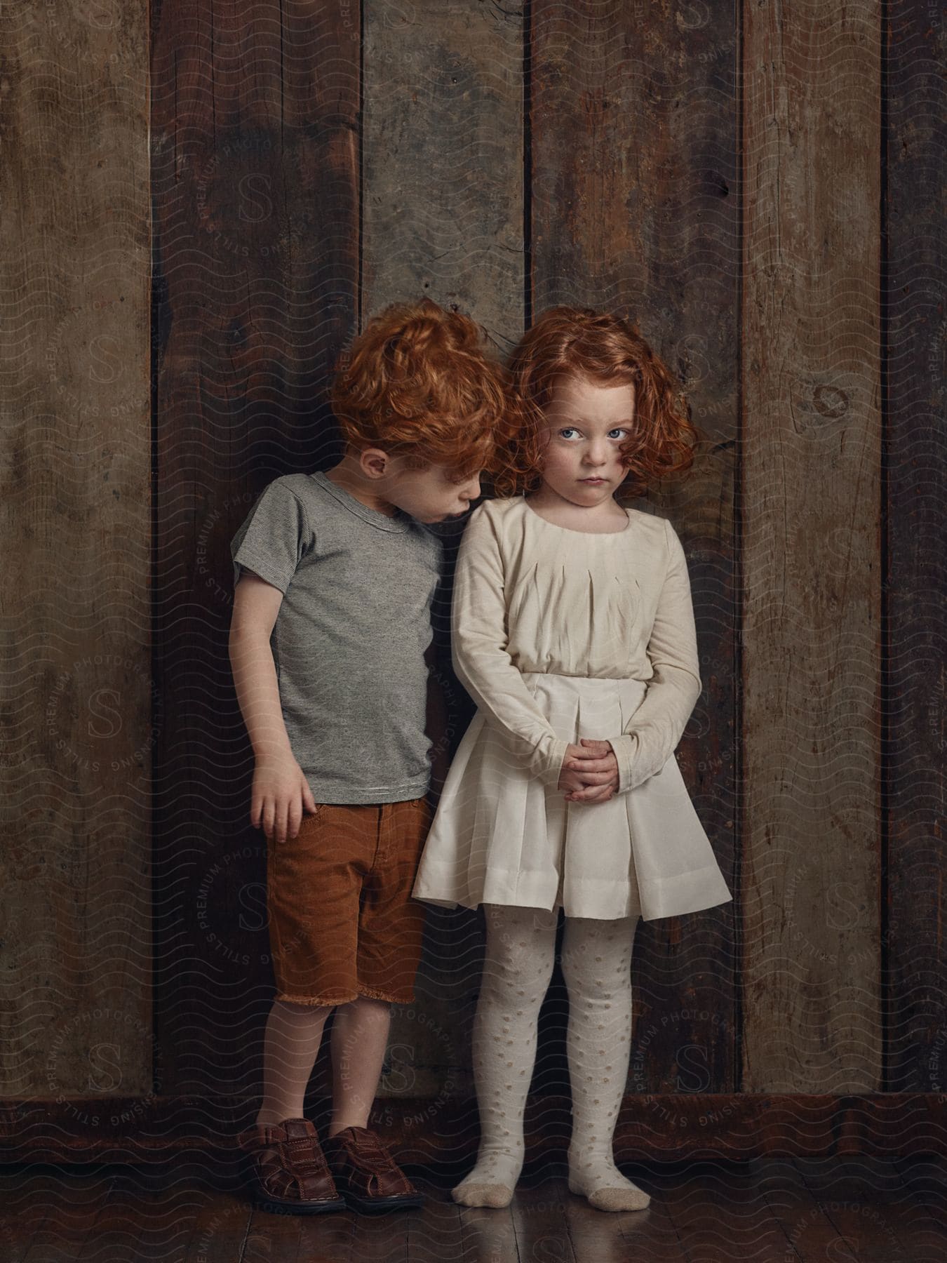 Two children posing against a dark wooden wall