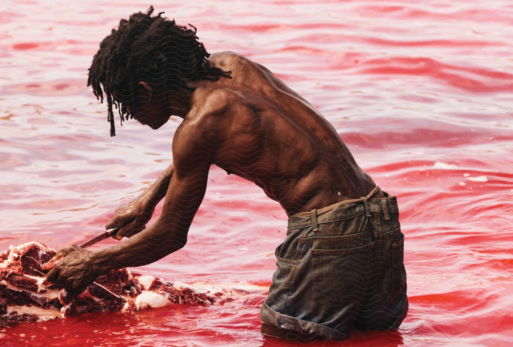 A man stands in red water and uses a knife to carve off pieces of a carcass