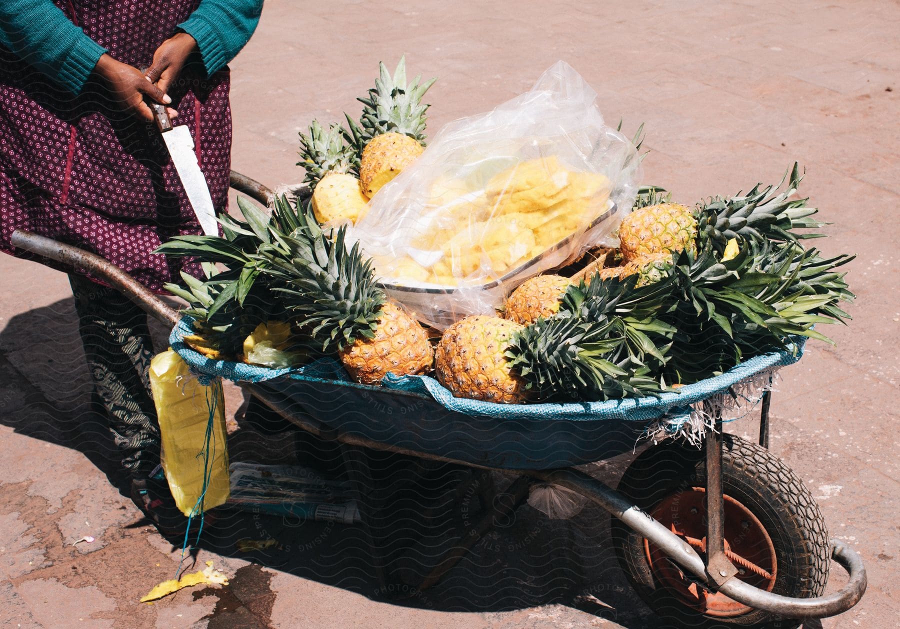 A woman with a knife stands next to a wheelbarrow loaded with pineapples