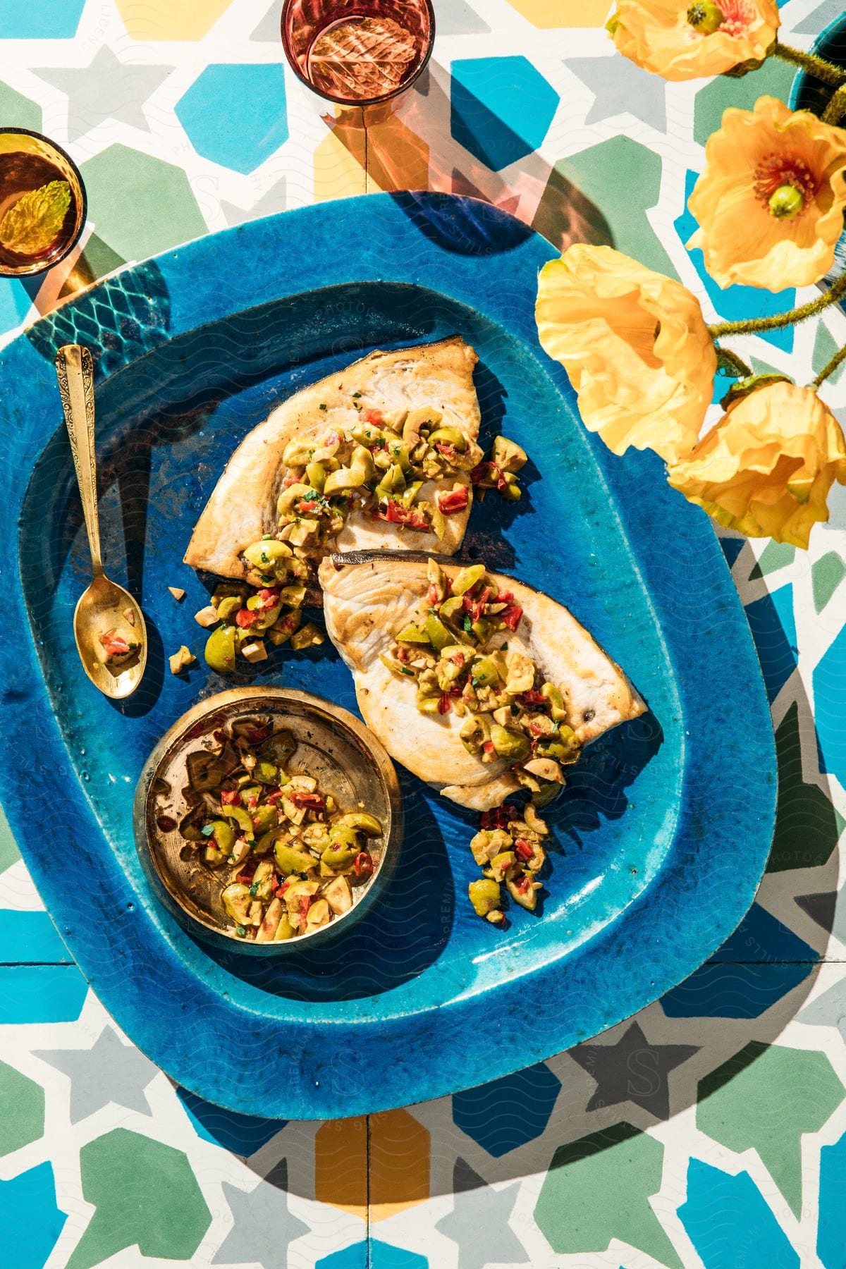 Plate of appetizers and garnishes on a colorful table with flowers