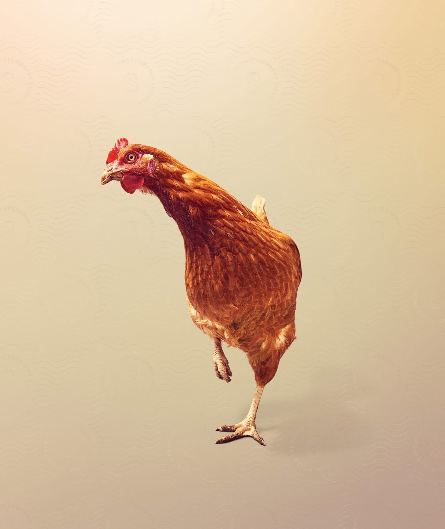 A chicken standing on one leg