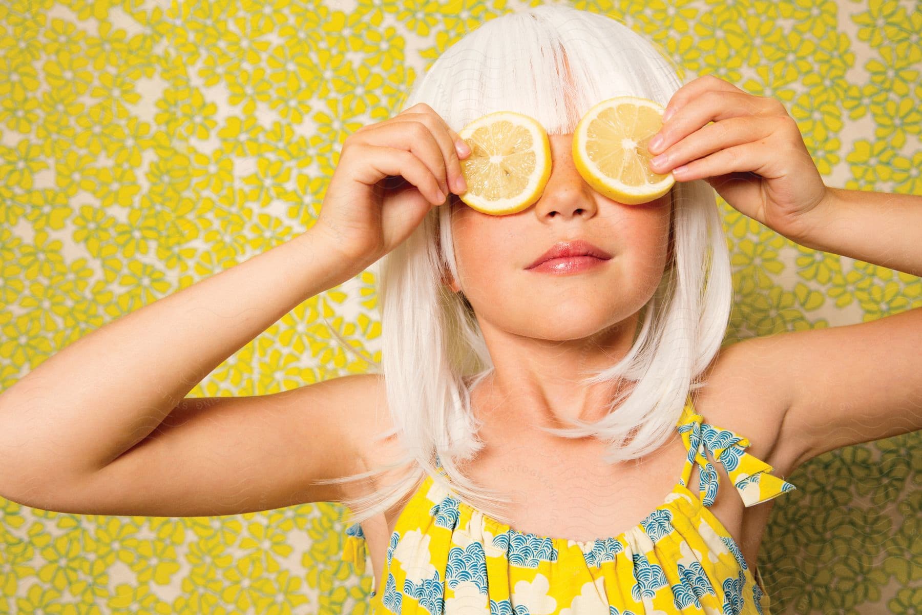 A child wearing a yellow dress holds lemon slices over her eyes