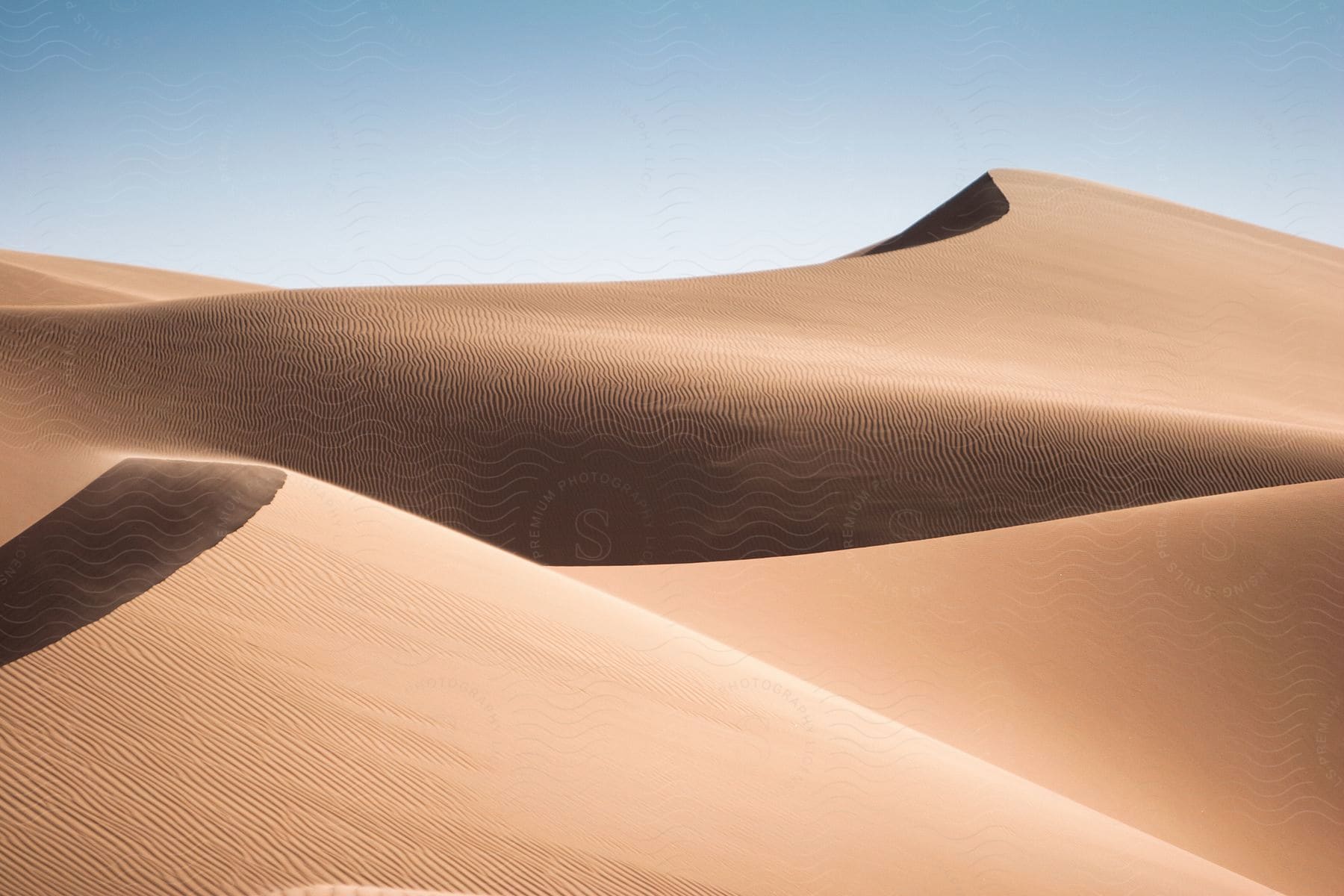 The sun shines brightly upon desert dunes