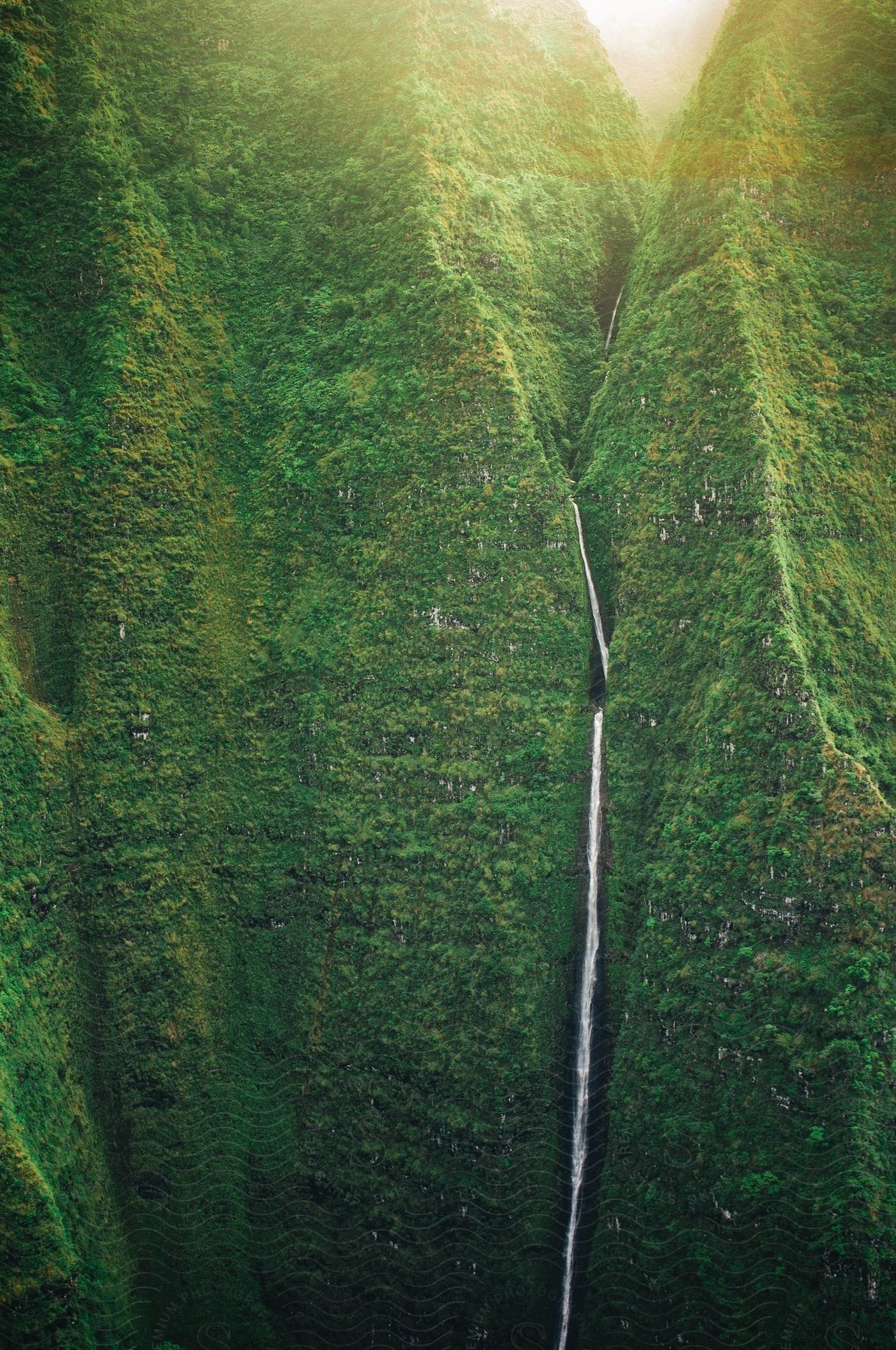 Aerial view of green hills with a river in between