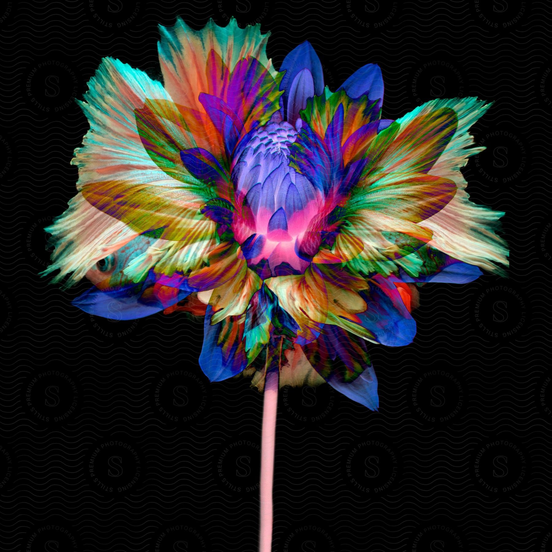 An artwork featuring a colorful feathered animal against a black background