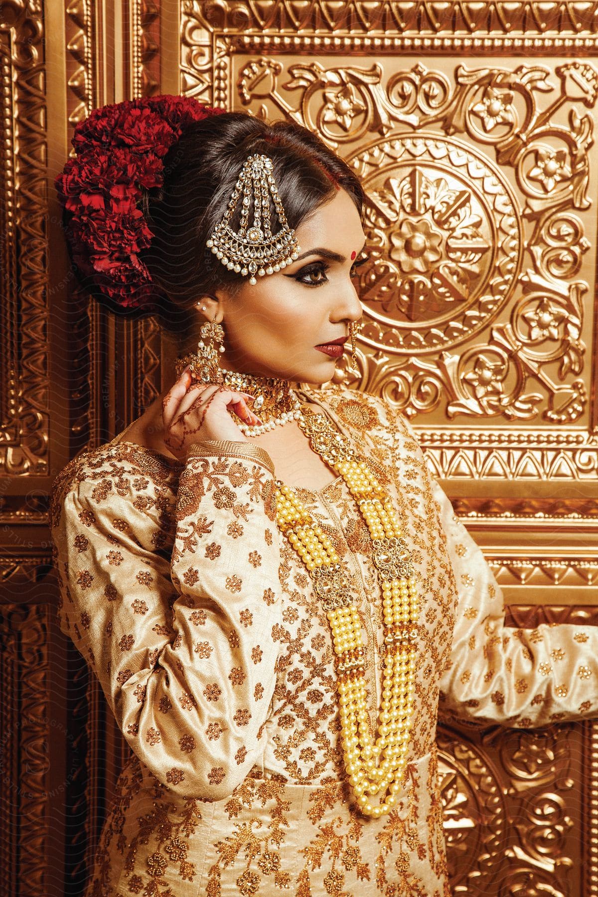 An indian woman wearing makeup and a dress posing for a fashion portrait