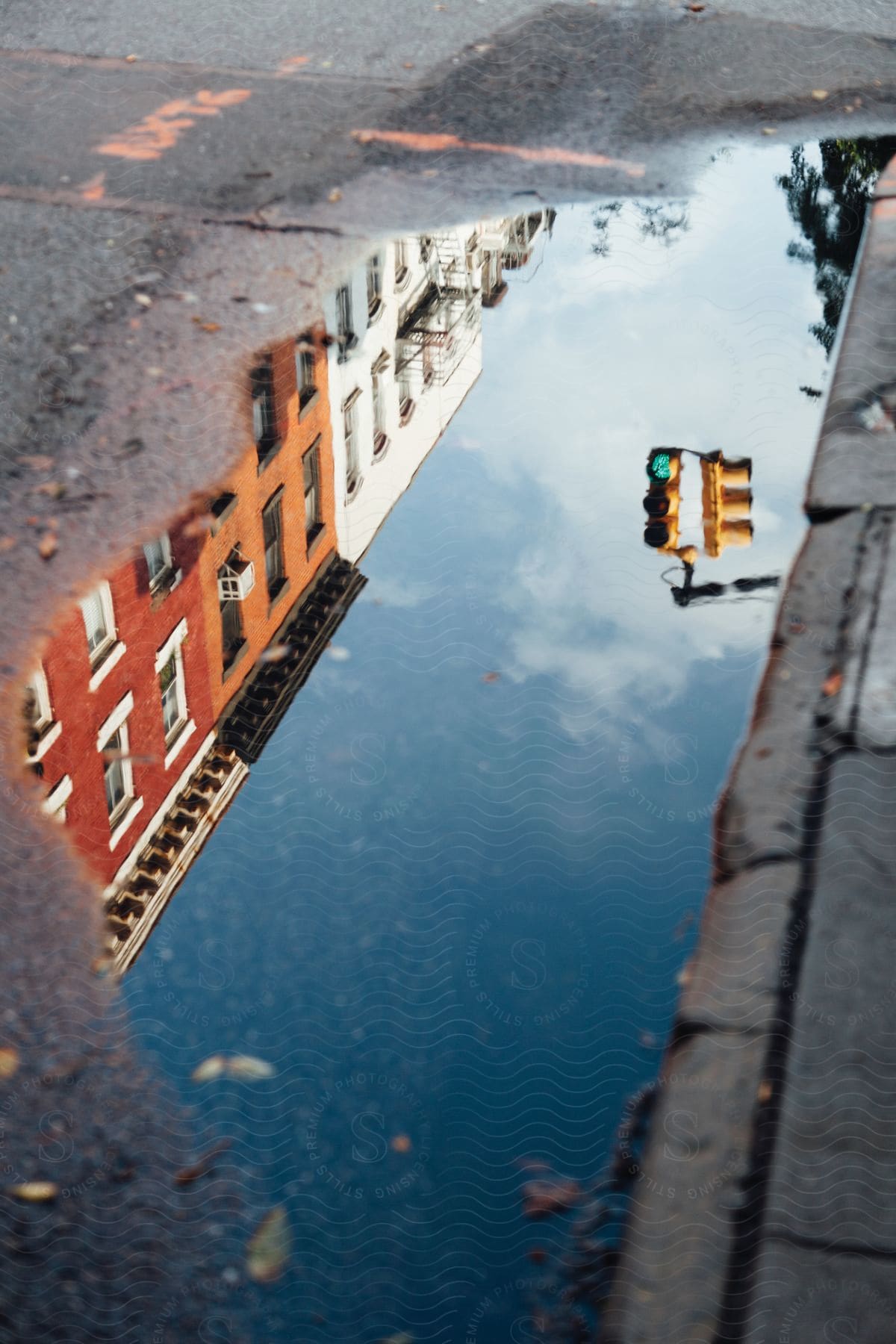 A puddle reflecting nearby buildings and traffic lights on the edge of a street road