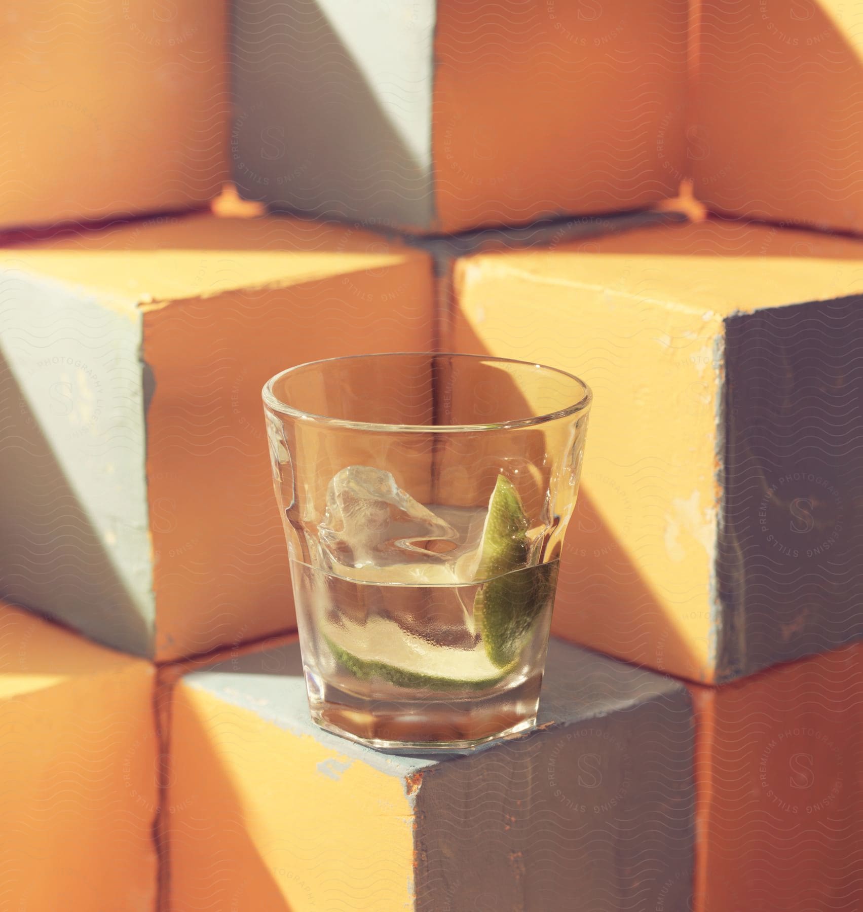 A glass of tequila and lime with ice in it placed on a structure made of orange and grey cubes