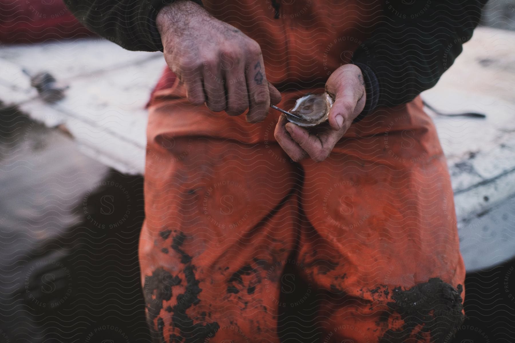 A man in orange overalls is shucking an oyster with a pocket knife