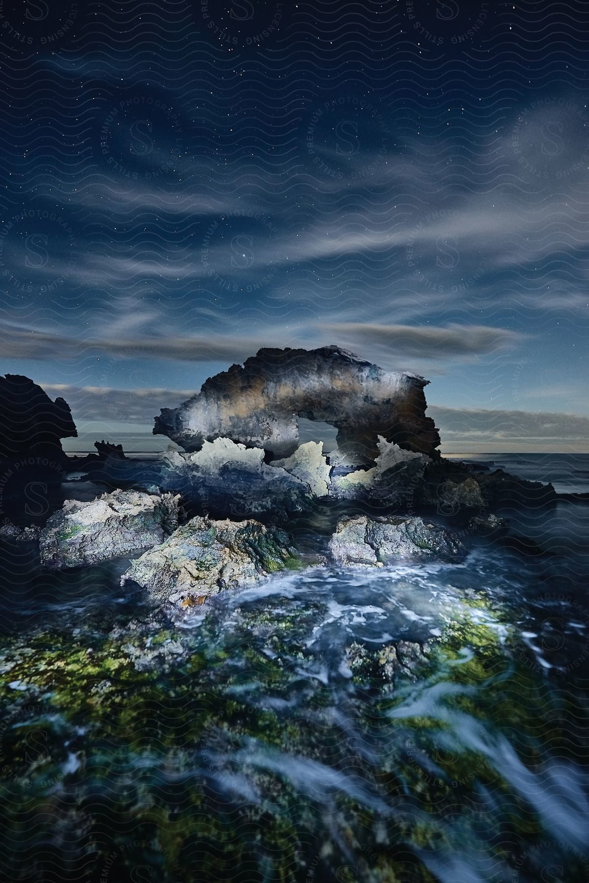 Surf flows over algae covered rocks near rough stone arch under cloudy starry sky