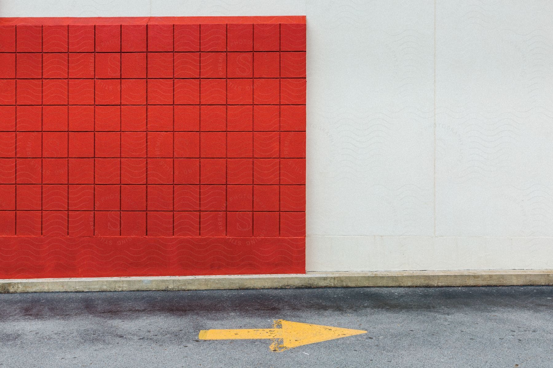 A brick wall meets a white wall while a yellow arrow is seen on the road