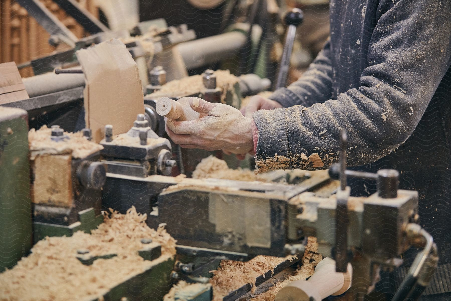 Man in workshop examines carved wooden shape while wearing a sawdustcoated sweater