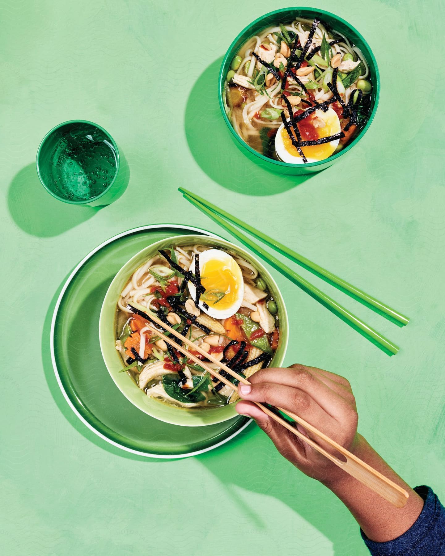 A person eats a bowl of asian food with chopsticks