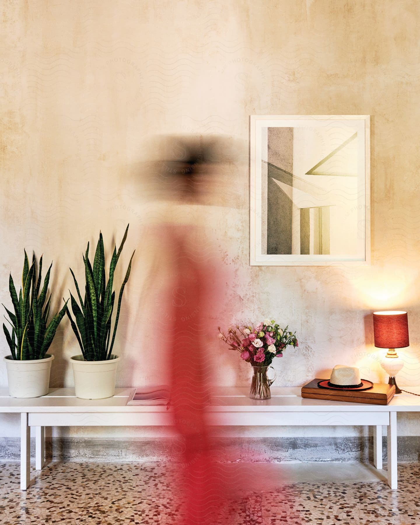 A woman wearing a red dress is seen in a living room with plants on a table