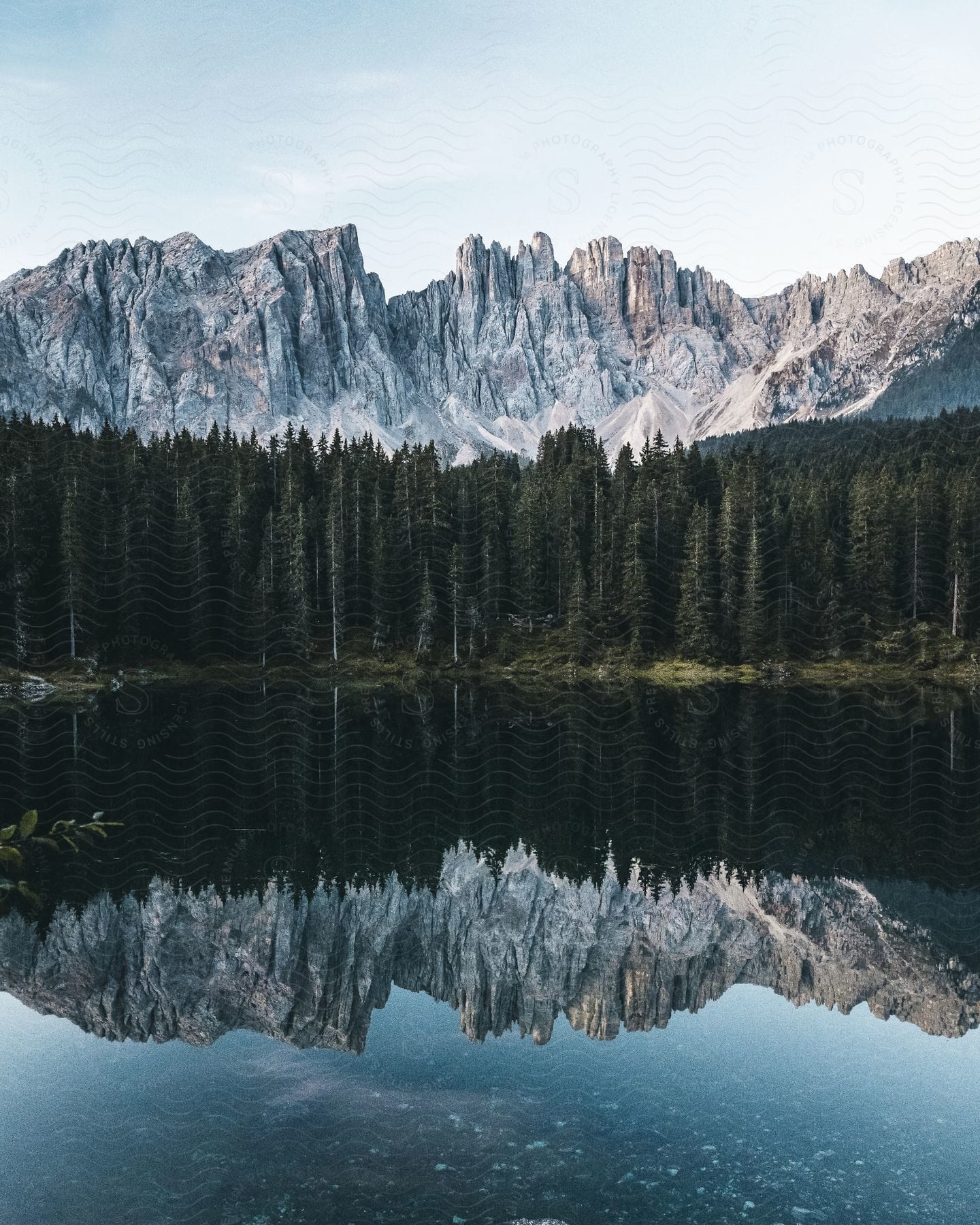A lake reflects the forest and mountains