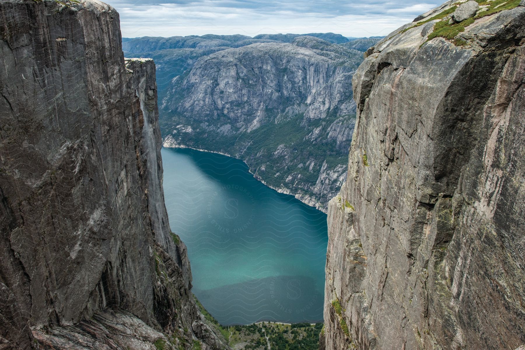 Aerial landscape of mountains near a body of water