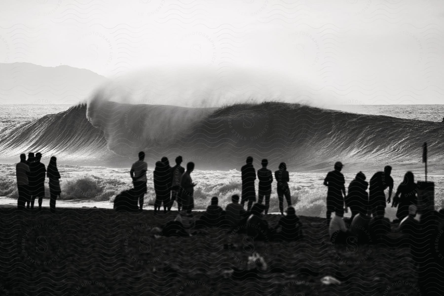 A group of people observing a large wave at a beach