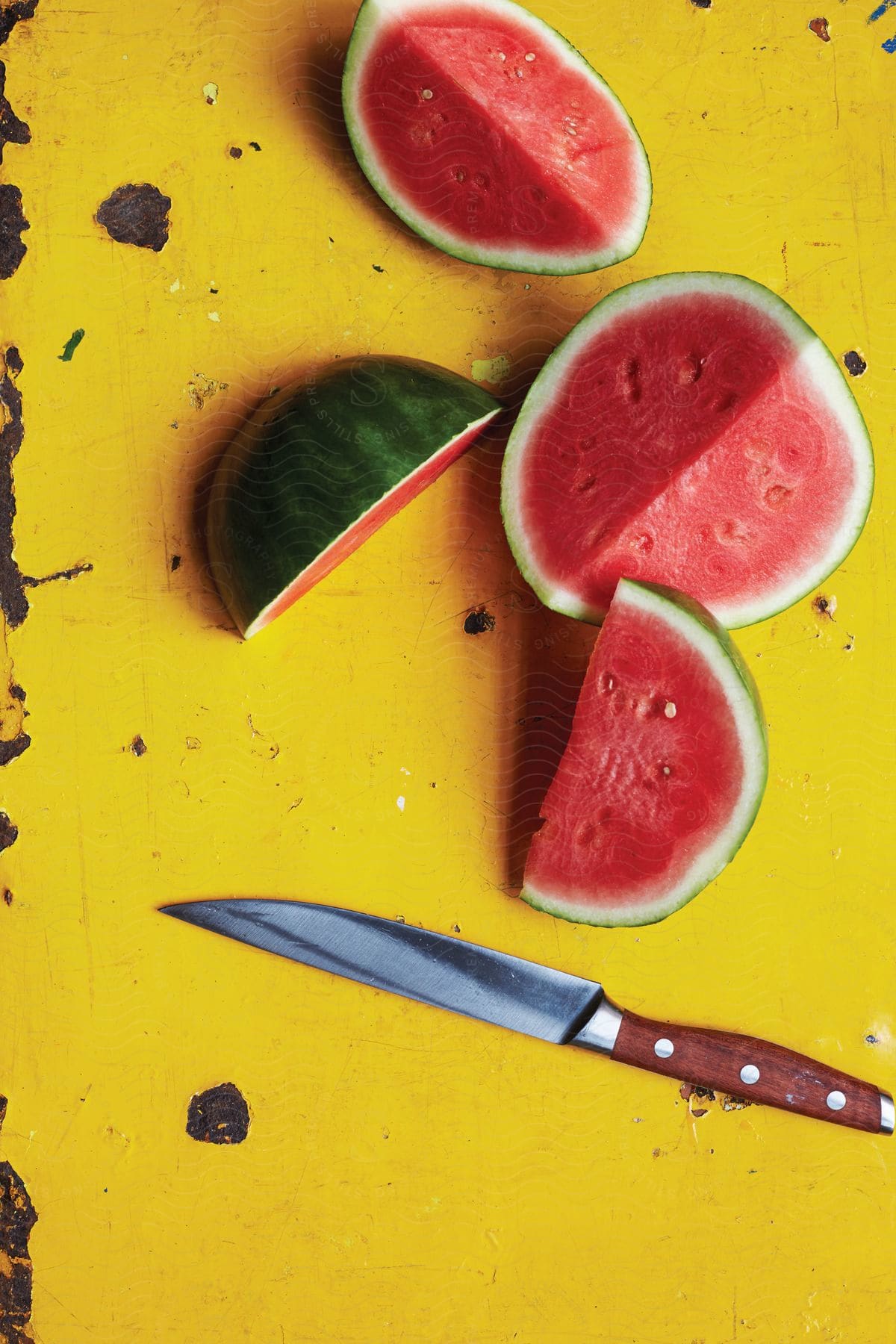 Sliced watermelon with a knife on yellow ground